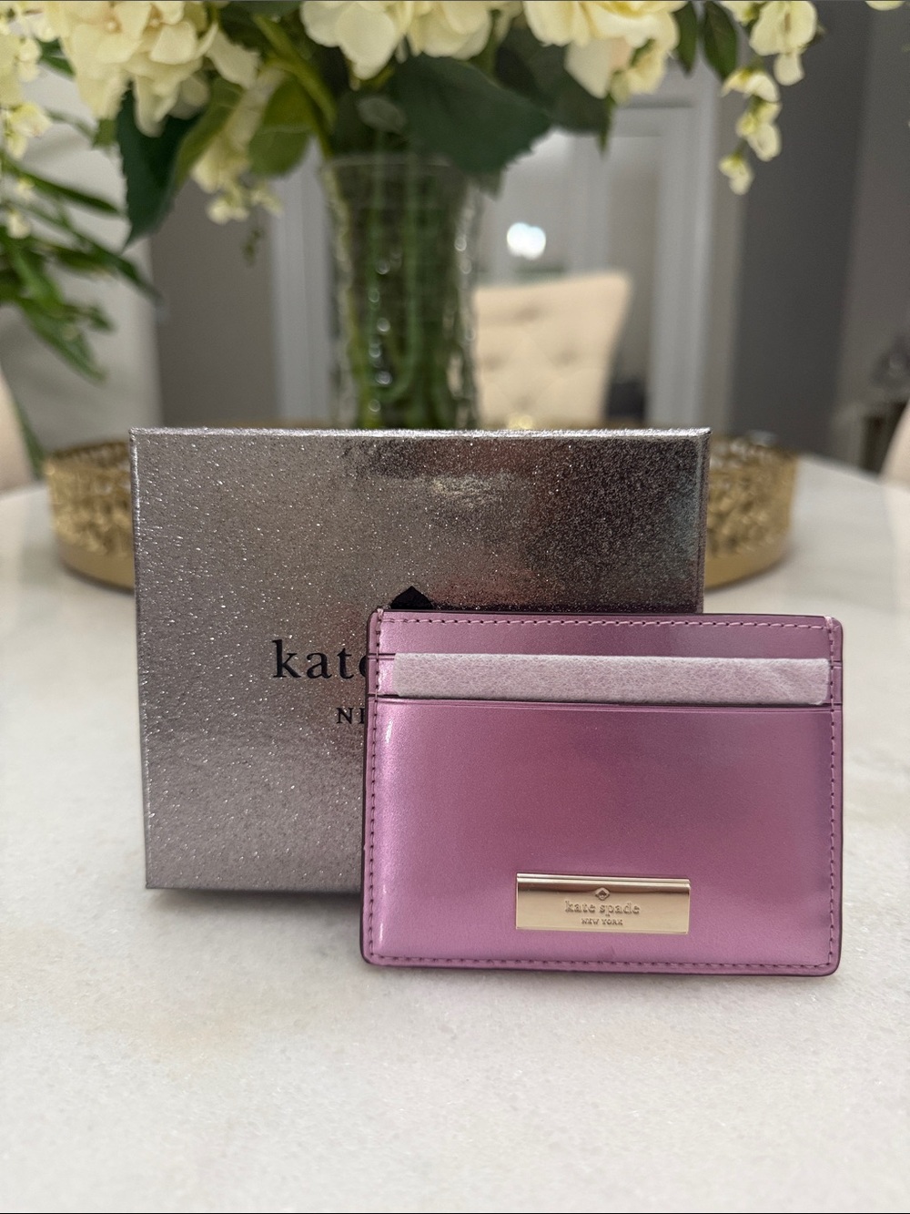 Kate Spade Metallic Pink Card Holder with Gold Logo Plate